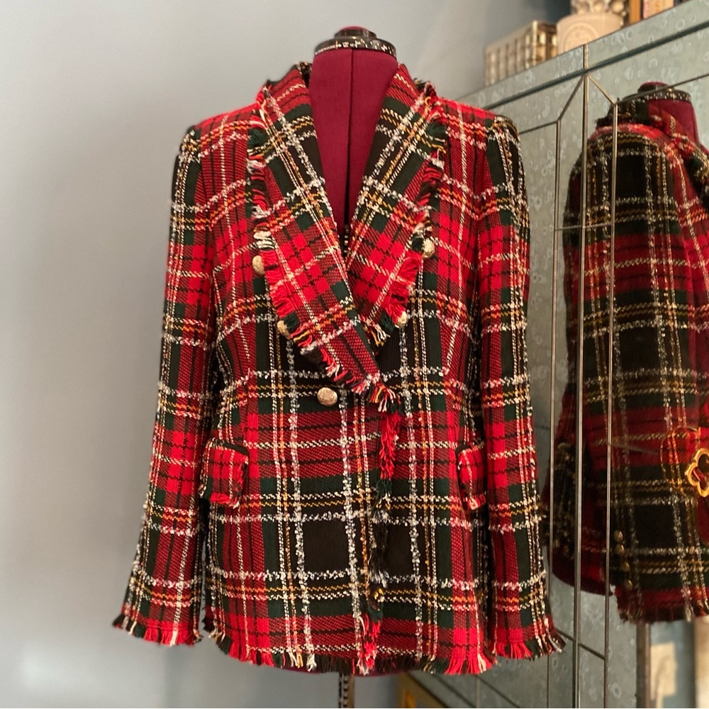Zara Red and Black Plaid Blazer Coat